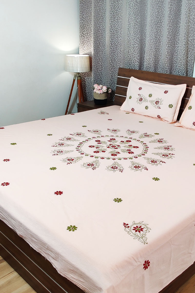 Peach Color Lucknowi Chikankari Cotton Bedsheet Mc251788